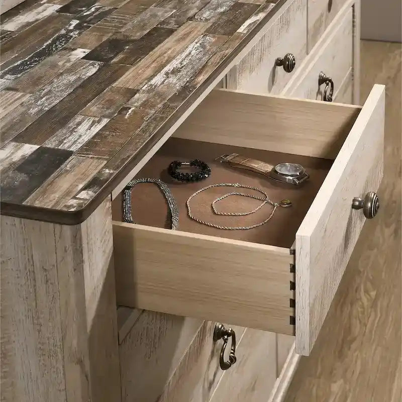 Ensemble de chambre à coucher Roundhill Furniture Imerland avec finition blanchie contemporaine, lit traîneau, commode, miroir, deux tables de chevet, chiffonnier