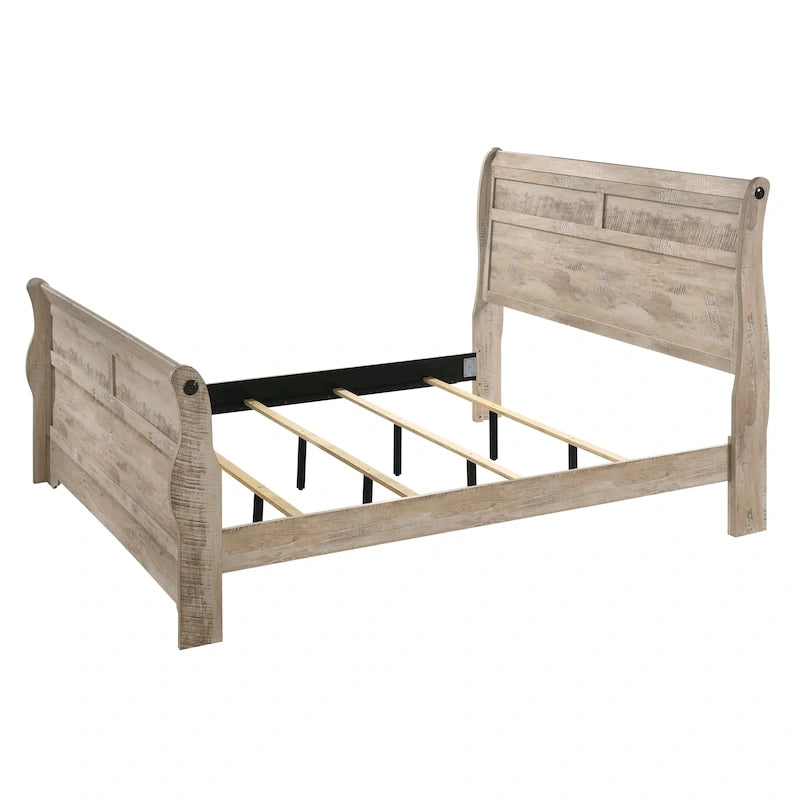 Ensemble de chambre à coucher Roundhill Furniture Imerland avec finition blanchie contemporaine, lit traîneau, commode, miroir, deux tables de chevet, chiffonnier
