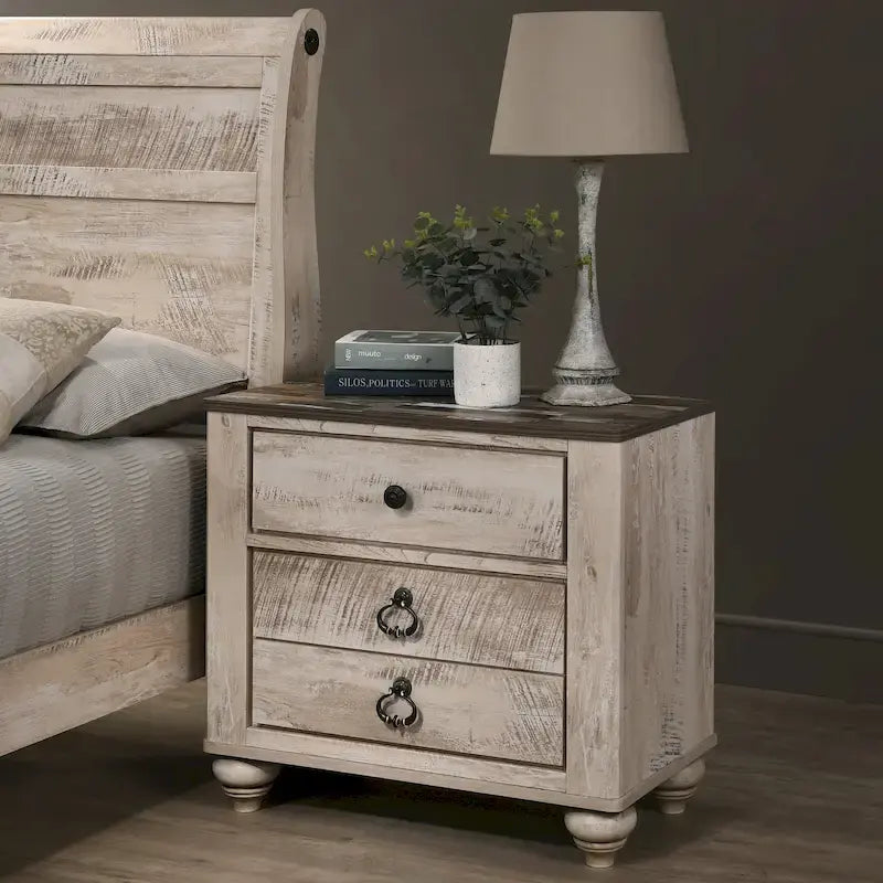 Ensemble de chambre à coucher Roundhill Furniture Imerland avec finition blanchie contemporaine, lit traîneau, commode, miroir, deux tables de chevet, chiffonnier