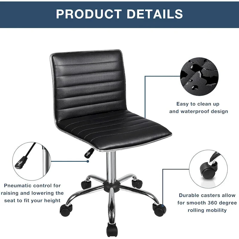 BOSSIN Adjustable Home Office Chair, Mid-Back Armless Ribbed Swivel Task Chair,Vanity Chair for Small Space, Livingroom Make-up