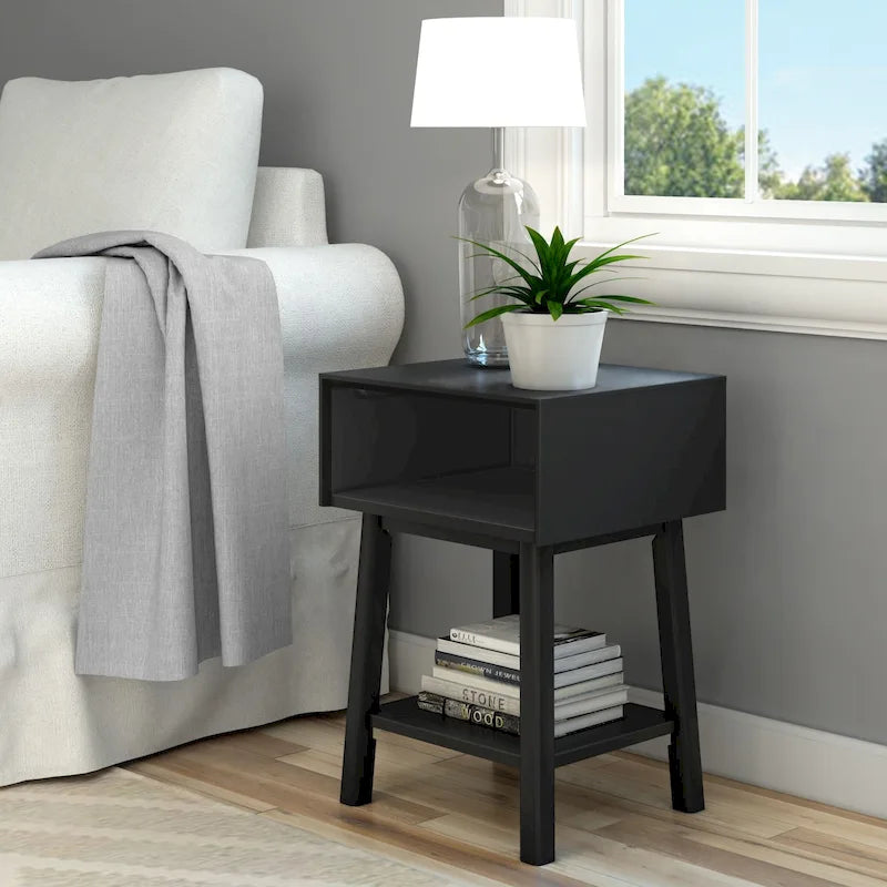 Table de chevet avec casier de style Mid-Century Modern en planches et poutres
