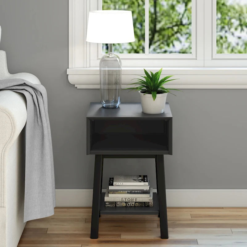 Table de chevet avec casier de style Mid-Century Modern en planches et poutres