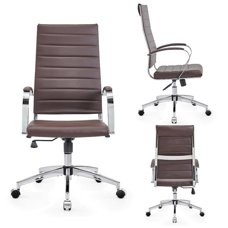 Sillón de oficina giratorio de piel sintética acanalada con altura ajustable