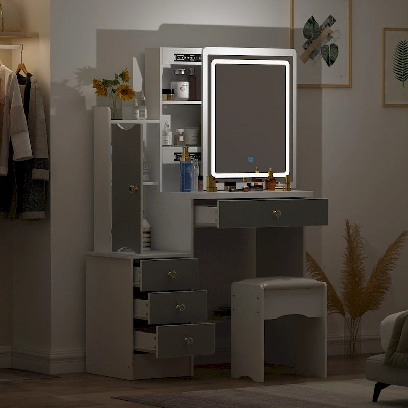 Timechee Makeup Vanity Set with Sliding Lighted Mirror Dressing Table - 33L x 15.7W x 52.4H
