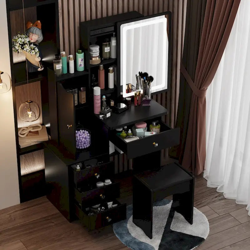 Timechee Makeup Vanity Set with Sliding Lighted Mirror Dressing Table - 33L x 15.7W x 52.4H