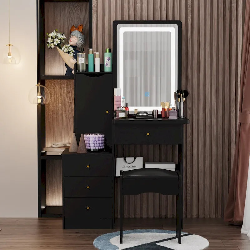 Timechee Makeup Vanity Set with Sliding Lighted Mirror Dressing Table - 33L x 15.7W x 52.4H