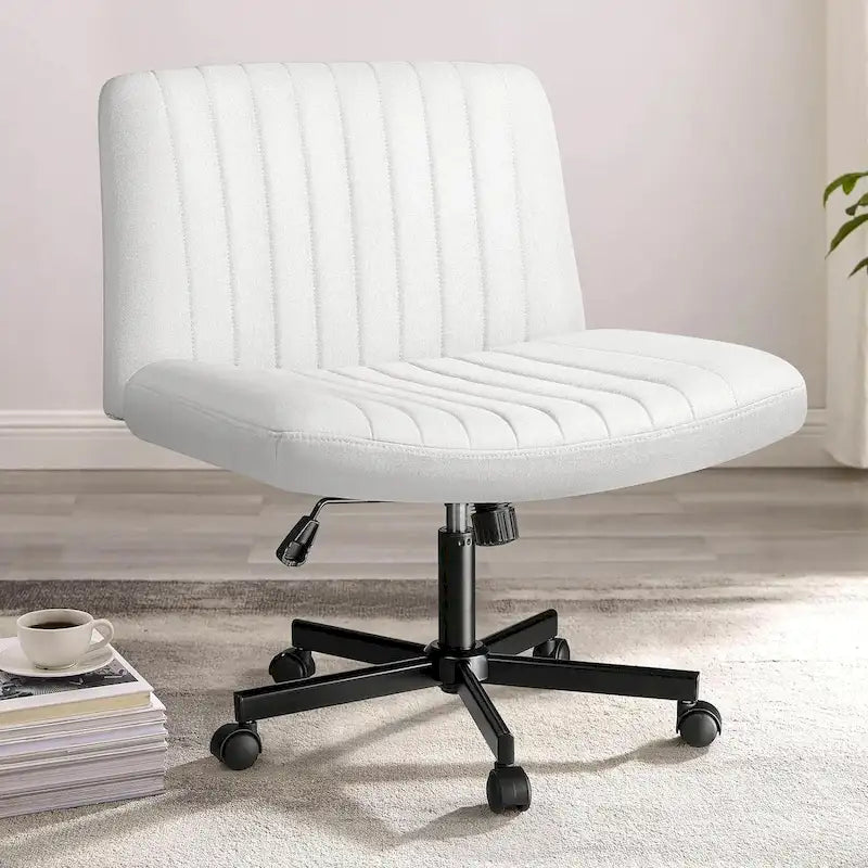 Chaise de bureau sans accoudoirs Bossin Criss Cross avec roulettes, chaise à pieds croisés rembourrée en tissu, chaise de vanité pivotante à siège large