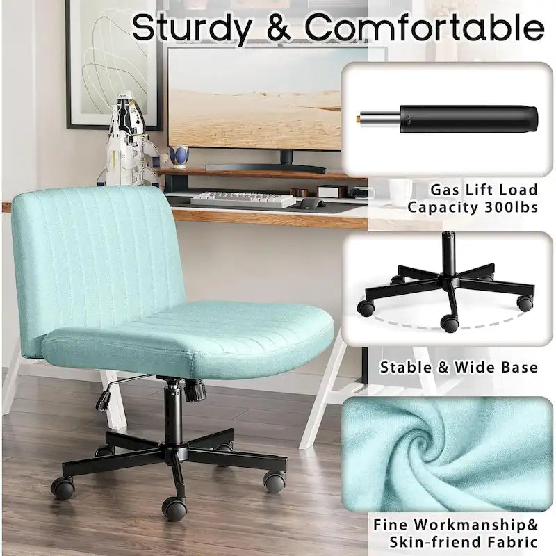 Chaise de bureau sans accoudoirs Bossin Criss Cross avec roulettes, chaise à pieds croisés rembourrée en tissu, chaise de vanité pivotante à siège large