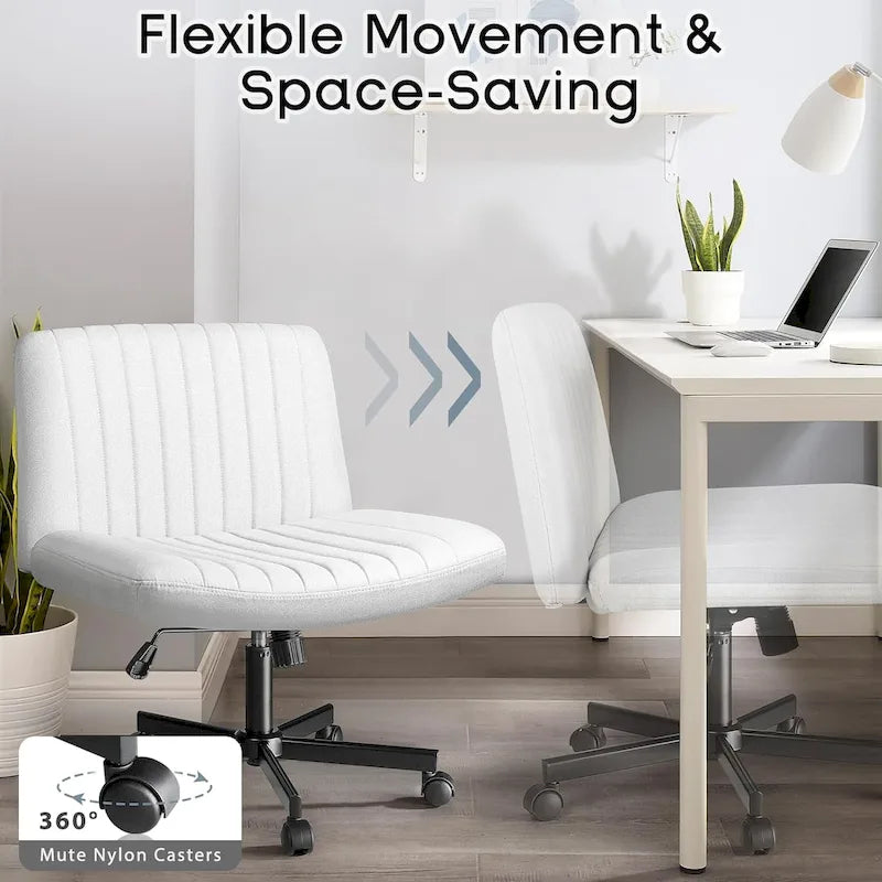Chaise de bureau sans accoudoirs Bossin Criss Cross avec roulettes, chaise à pieds croisés rembourrée en tissu, chaise de vanité pivotante à siège large