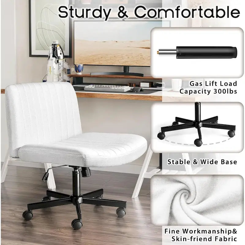 Chaise de bureau sans accoudoirs Bossin Criss Cross avec roulettes, chaise à pieds croisés rembourrée en tissu, chaise de vanité pivotante à siège large