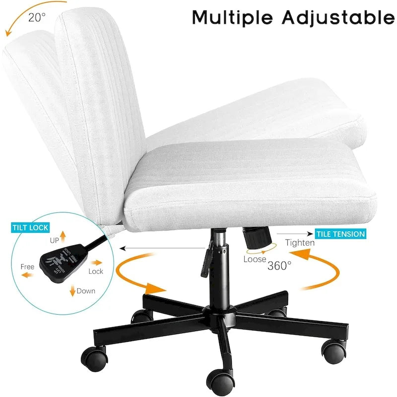 Chaise de bureau sans accoudoirs Bossin Criss Cross avec roulettes, chaise à pieds croisés rembourrée en tissu, chaise de vanité pivotante à siège large