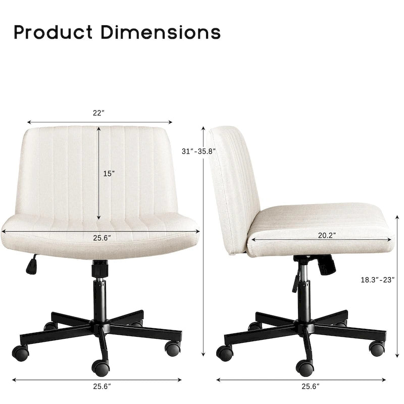 Chaise de bureau sans accoudoirs Bossin Criss Cross avec roulettes, chaise à pieds croisés rembourrée en tissu, chaise de vanité pivotante à siège large