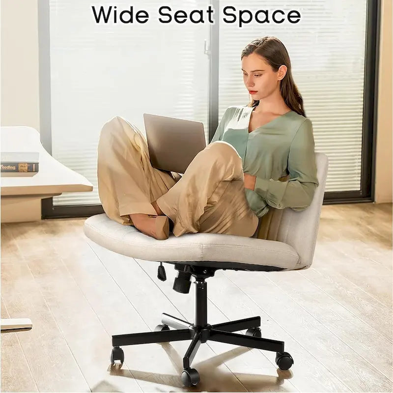 Chaise de bureau sans accoudoirs Bossin Criss Cross avec roulettes, chaise à pieds croisés rembourrée en tissu, chaise de vanité pivotante à siège large