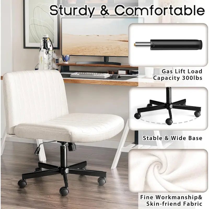 Chaise de bureau sans accoudoirs Bossin Criss Cross avec roulettes, chaise à pieds croisés rembourrée en tissu, chaise de vanité pivotante à siège large