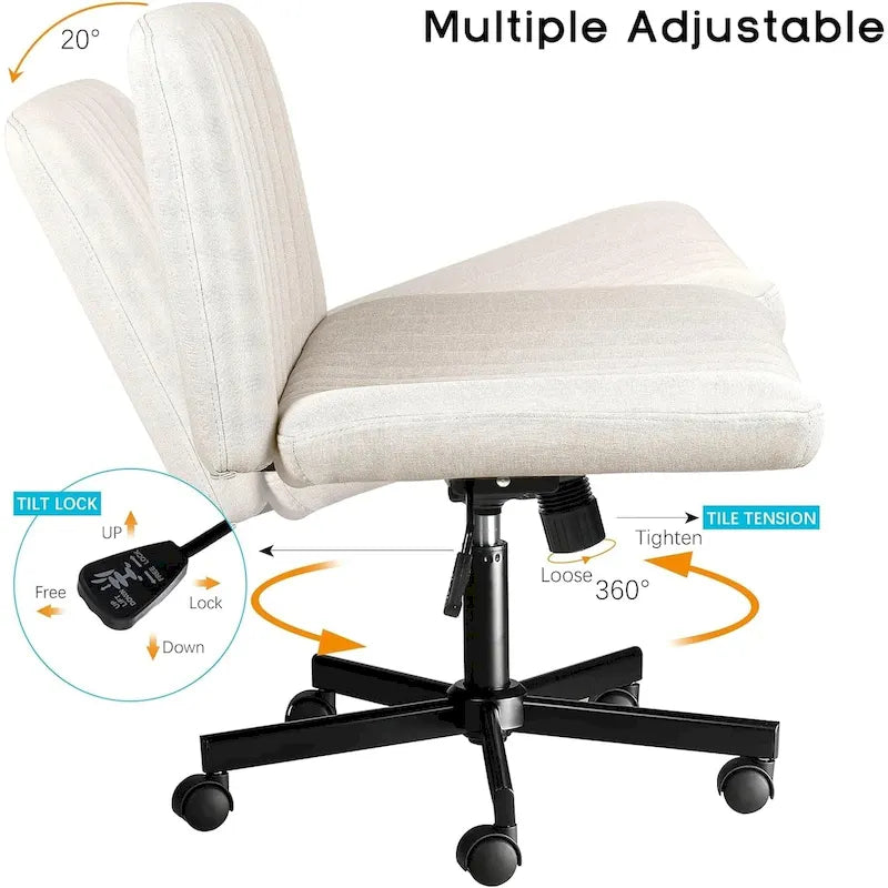 Chaise de bureau sans accoudoirs Bossin Criss Cross avec roulettes, chaise à pieds croisés rembourrée en tissu, chaise de vanité pivotante à siège large