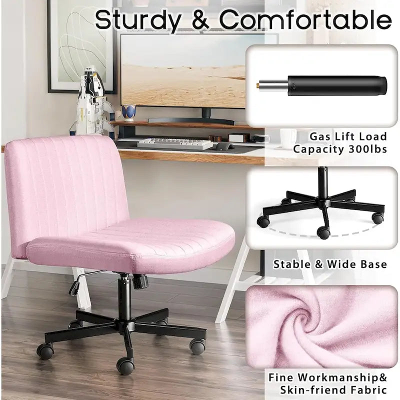 Chaise de bureau sans accoudoirs Bossin Criss Cross avec roulettes, chaise à pieds croisés rembourrée en tissu, chaise de vanité pivotante à siège large