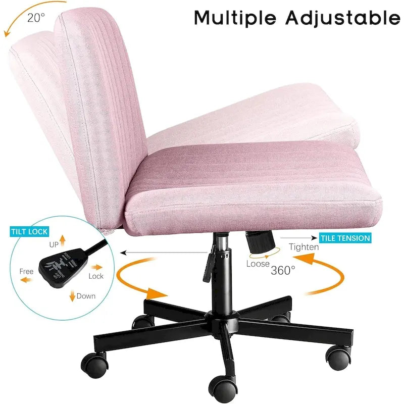 Chaise de bureau sans accoudoirs Bossin Criss Cross avec roulettes, chaise à pieds croisés rembourrée en tissu, chaise de vanité pivotante à siège large