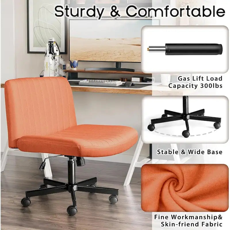 Chaise de bureau sans accoudoirs Bossin Criss Cross avec roulettes, chaise à pieds croisés rembourrée en tissu, chaise de vanité pivotante à siège large