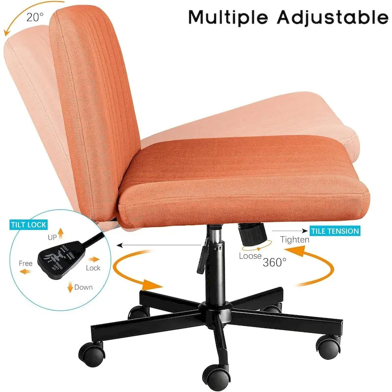 Chaise de bureau sans accoudoirs Bossin Criss Cross avec roulettes, chaise à pieds croisés rembourrée en tissu, chaise de vanité pivotante à siège large