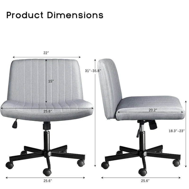 Chaise de bureau sans accoudoirs Bossin Criss Cross avec roulettes, chaise à pieds croisés rembourrée en tissu, chaise de vanité pivotante à siège large