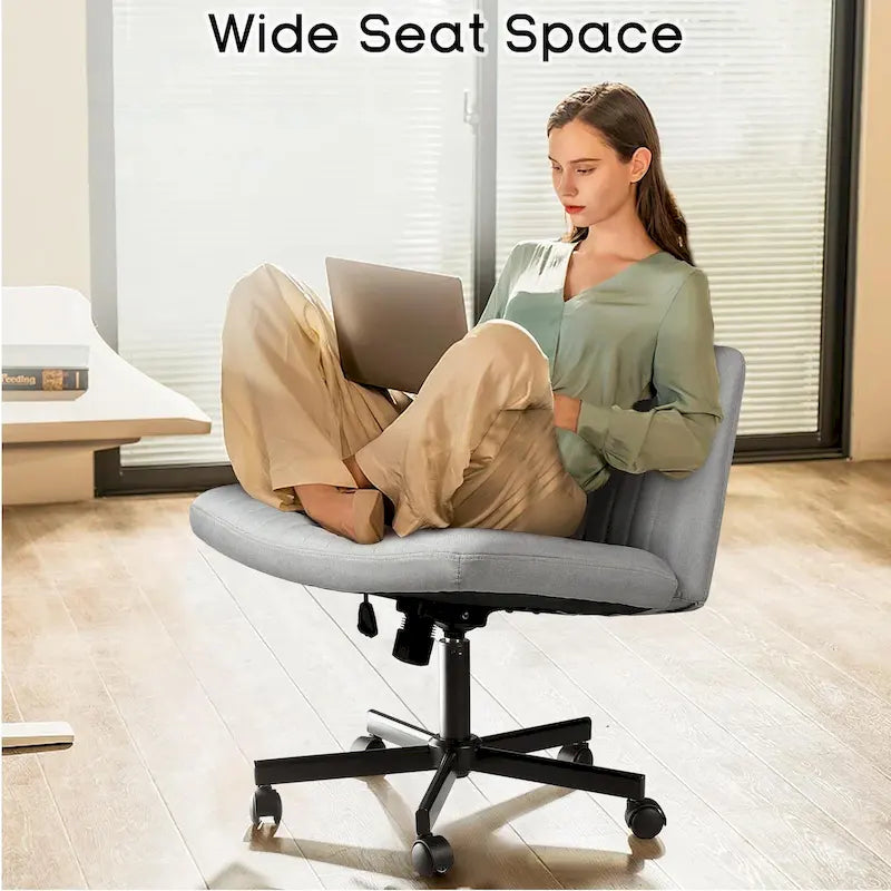 Chaise de bureau sans accoudoirs Bossin Criss Cross avec roulettes, chaise à pieds croisés rembourrée en tissu, chaise de vanité pivotante à siège large