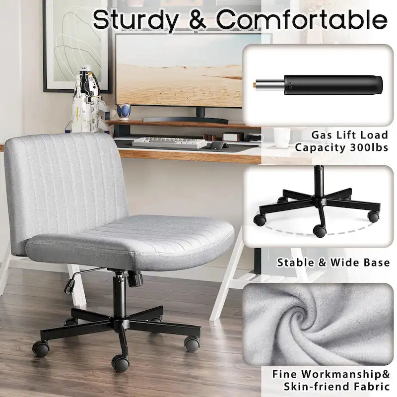Chaise de bureau sans accoudoirs Bossin Criss Cross avec roulettes, chaise à pieds croisés rembourrée en tissu, chaise de vanité pivotante à siège large