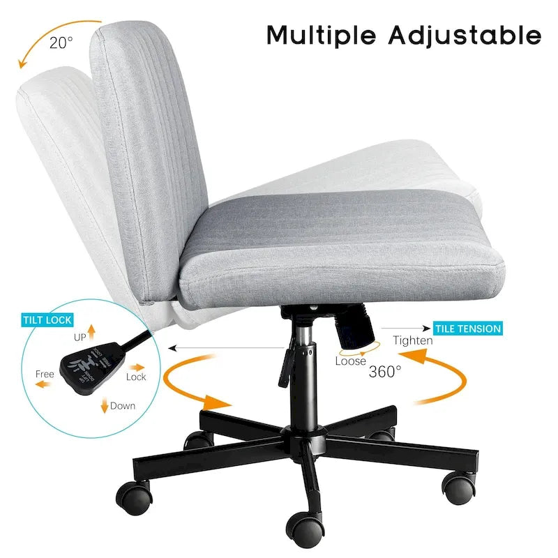 Chaise de bureau sans accoudoirs Bossin Criss Cross avec roulettes, chaise à pieds croisés rembourrée en tissu, chaise de vanité pivotante à siège large