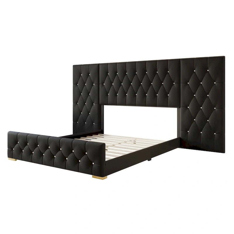 Lit plateforme capitonné en velours luxueux CraftPorch avec panneaux muraux