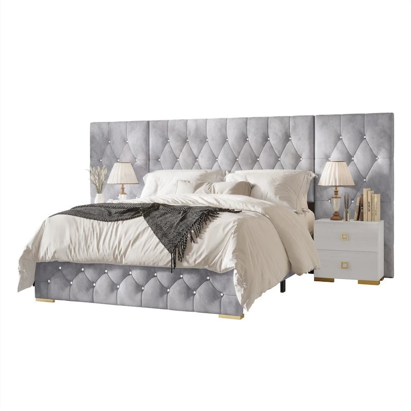 Lit plateforme capitonné en velours luxueux CraftPorch avec panneaux muraux