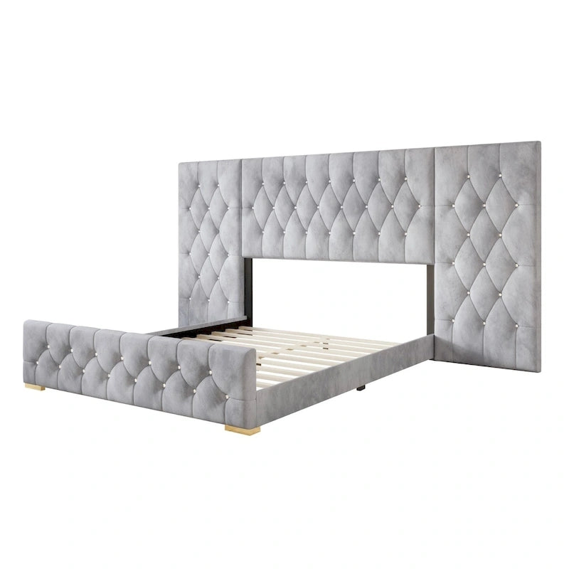 Lit plateforme capitonné en velours luxueux CraftPorch avec panneaux muraux