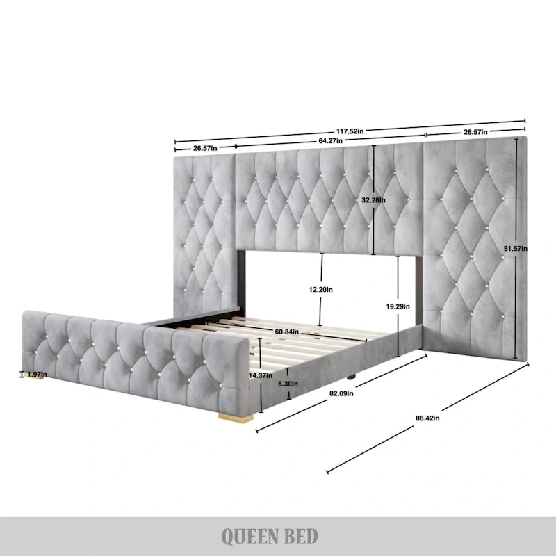 Lit plateforme capitonné en velours luxueux CraftPorch avec panneaux muraux