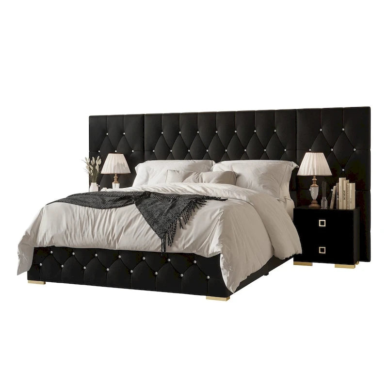 Lit plateforme capitonné en velours luxueux CraftPorch avec panneaux muraux