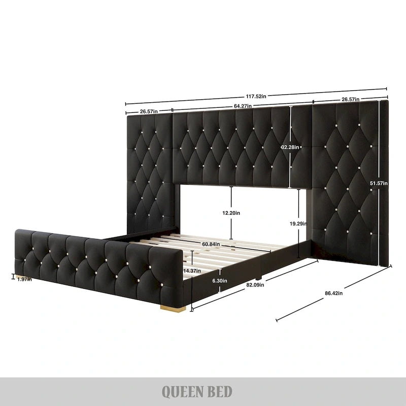 Lit plateforme capitonné en velours luxueux CraftPorch avec panneaux muraux