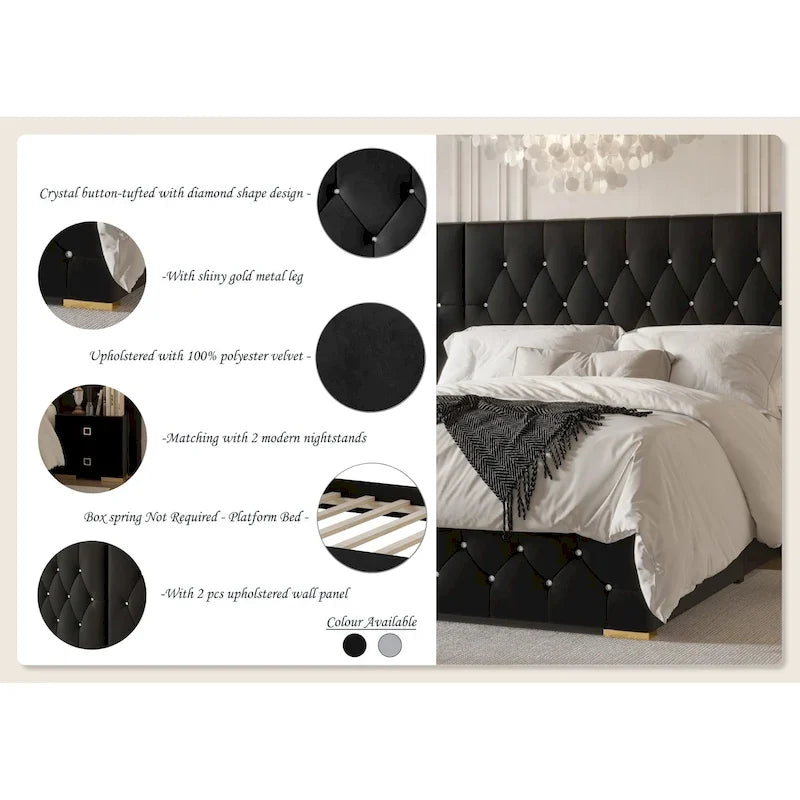 Lit plateforme capitonné en velours luxueux CraftPorch avec panneaux muraux