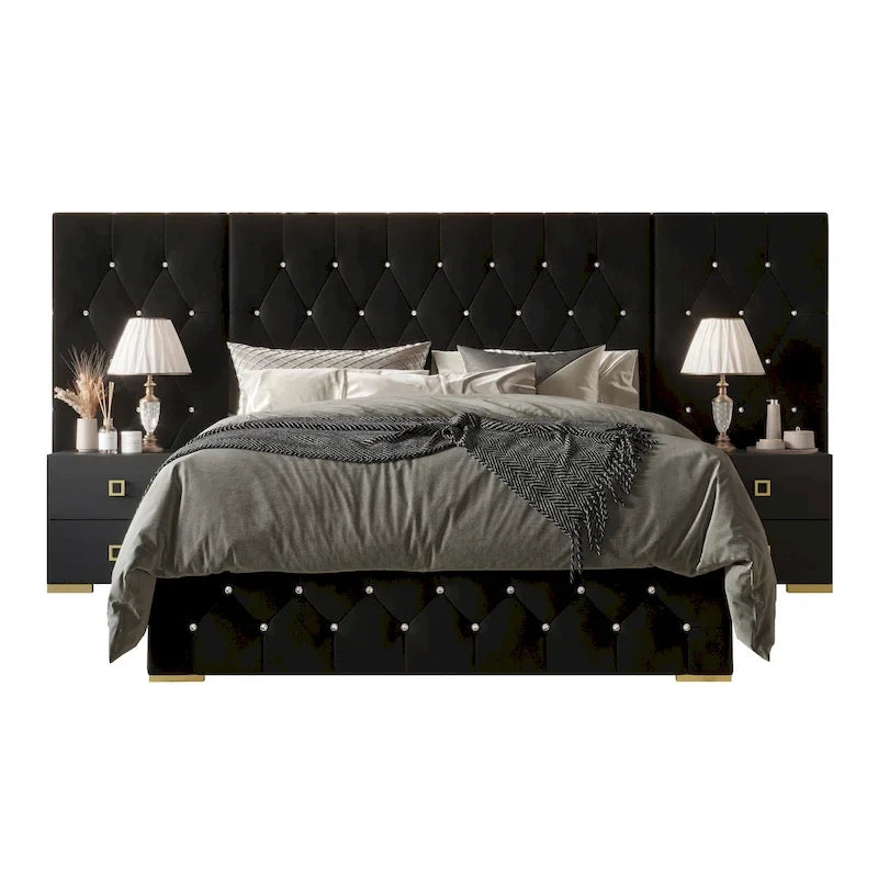 Lit plateforme capitonné en velours luxueux CraftPorch avec panneaux muraux