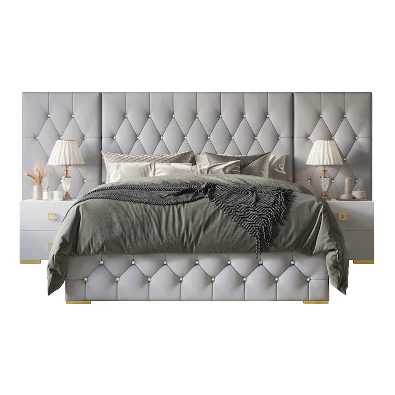 Lit plateforme capitonné en velours luxueux CraftPorch avec panneaux muraux