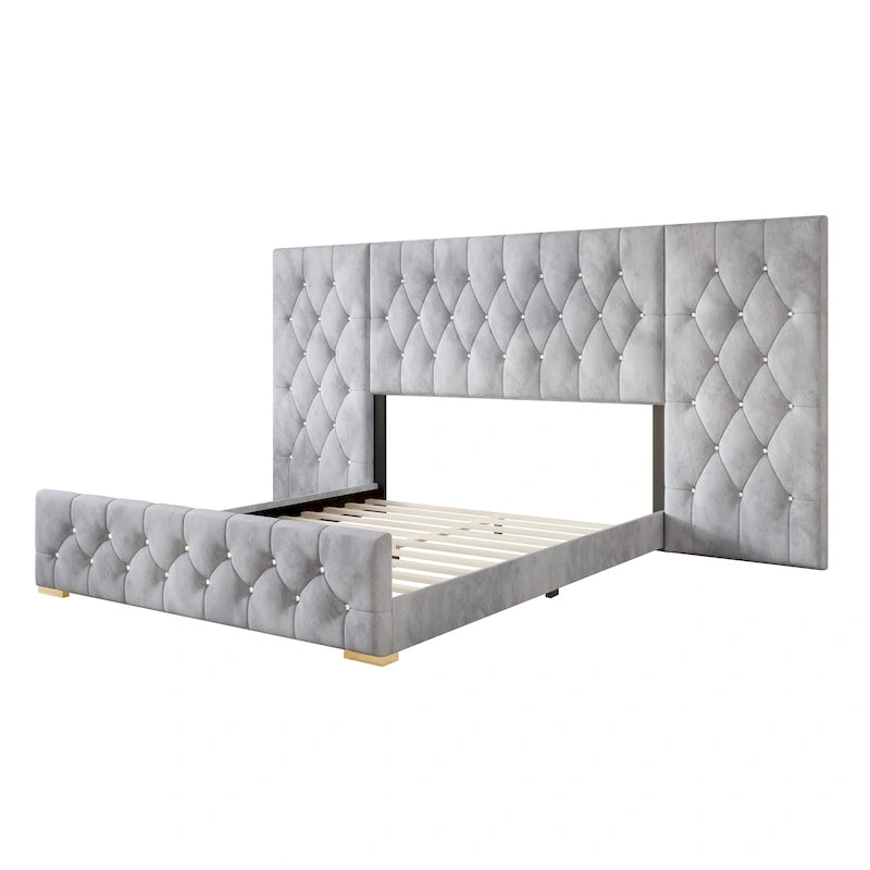Lit plateforme capitonné en velours luxueux CraftPorch avec panneaux muraux