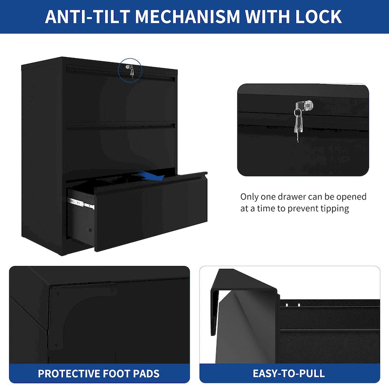 35W 2/3/4-drawer Lateral Locking Steel File Cabinet for A4, Legal, Letter