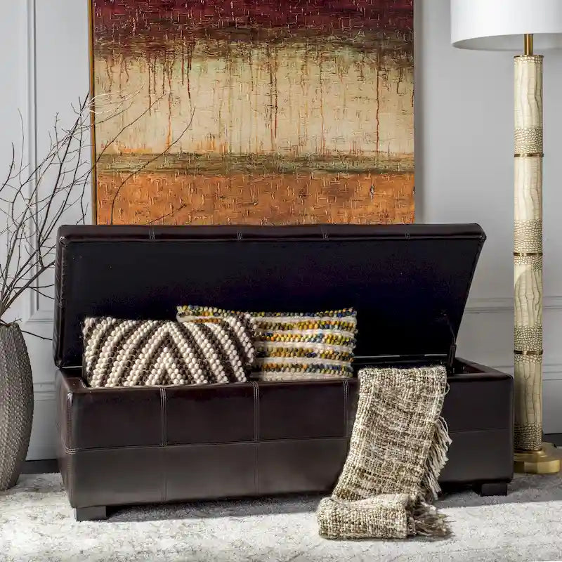 Banc de rangement large SAFAVIEH Harper en cuir bicast capitonné marron - 46,9 x 18,3 x 16,7 - 47Lx18Px17H