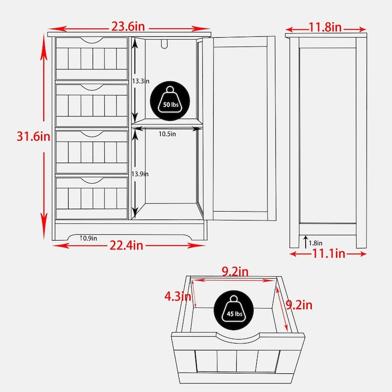 Meuble de Rangement Salle de Bain VEIKOUS sur Pied avec 4 Tiroirs