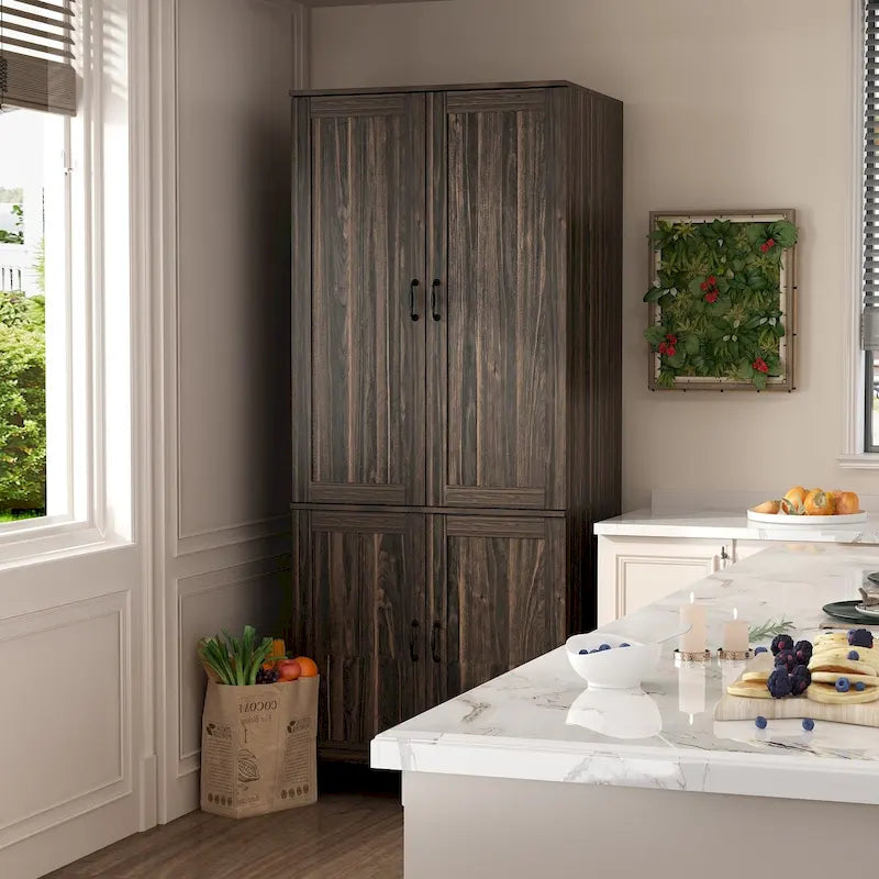 Space-Saving Storage Solution Pantry Cabinet w/Dark Wood Grain Kitchen - 31.5Wx23.6Dx78.7H