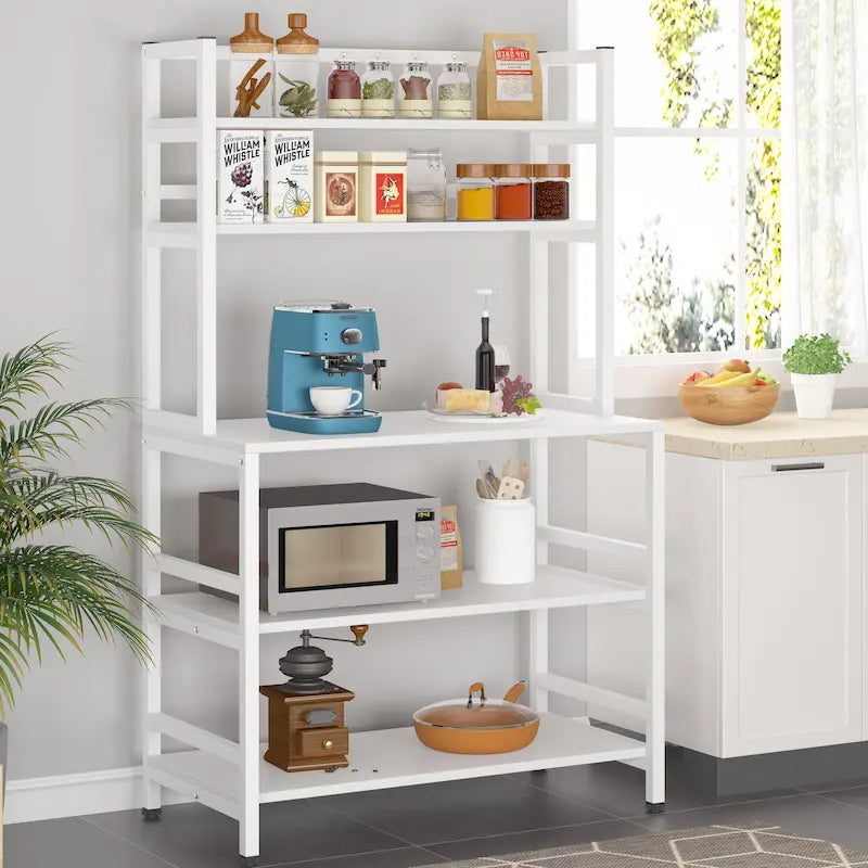 Étagère de cuisine style industriel, étagère à micro-ondes marron/noir, étagère de rangement blanche à 5 niveaux, meuble de cuisine avec huche