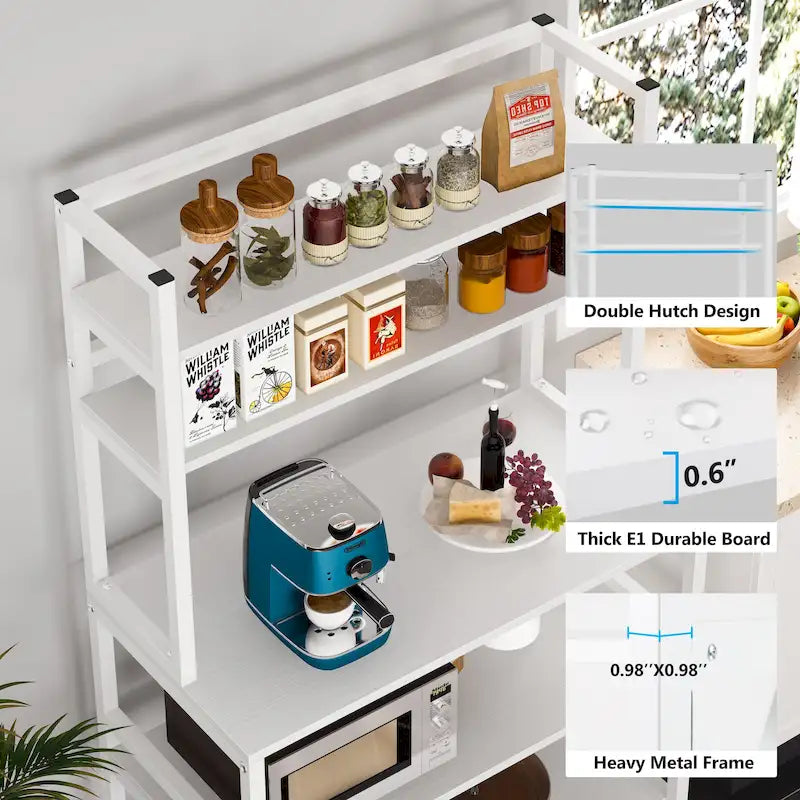 Étagère de cuisine style industriel, étagère à micro-ondes marron/noir, étagère de rangement blanche à 5 niveaux, meuble de cuisine avec huche