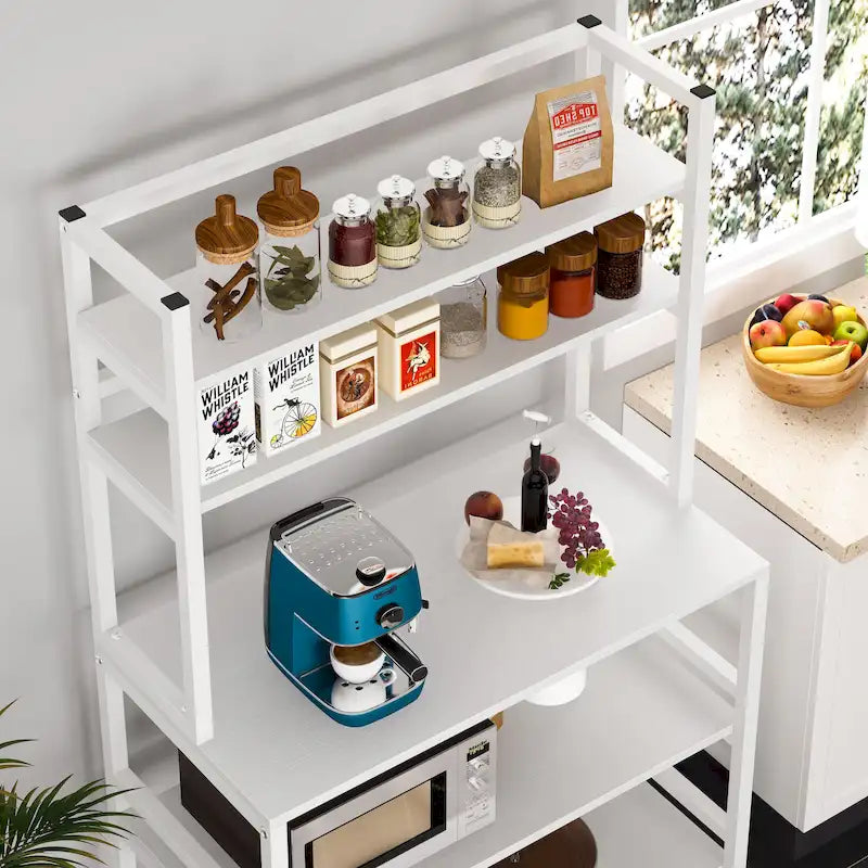 Étagère de cuisine style industriel, étagère à micro-ondes marron/noir, étagère de rangement blanche à 5 niveaux, meuble de cuisine avec huche