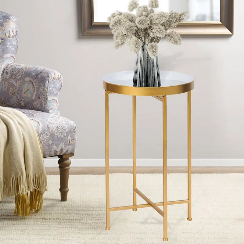 Adeco Round End Table Gold Metal Side Nightstand Accent Coffee Tables - 15(D)x 15(W)x 25.7(H)