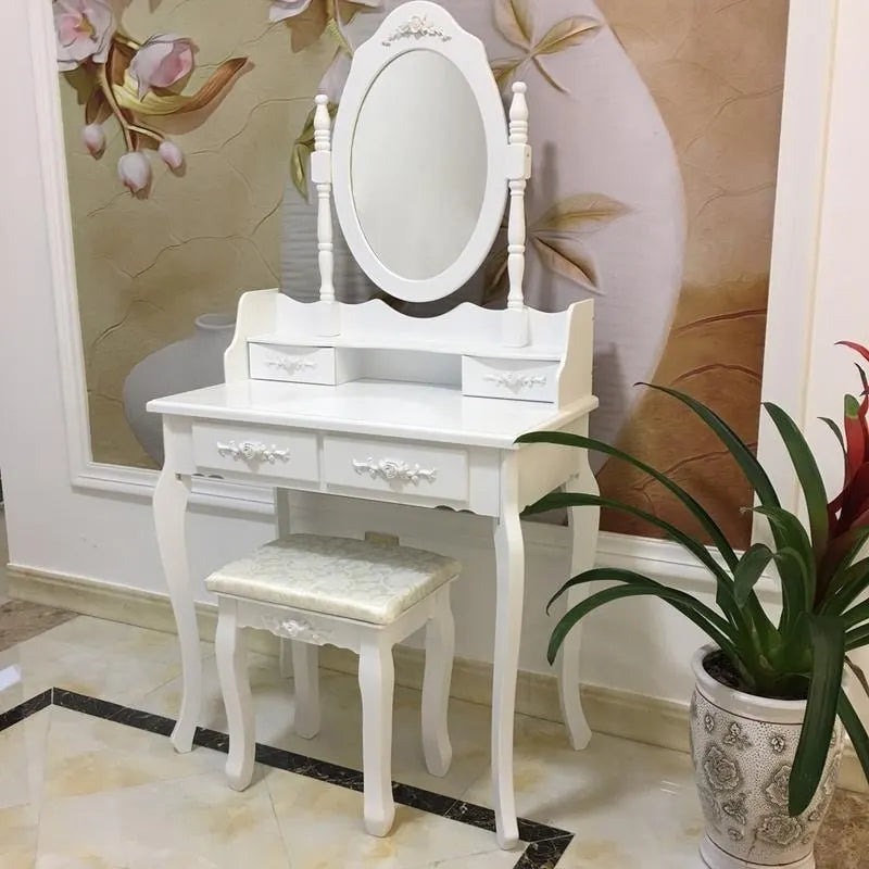 Coiffeuse Maquillage avec Miroir Rotatif et Tabouret - (29,52 x 15,75 x 56,1)