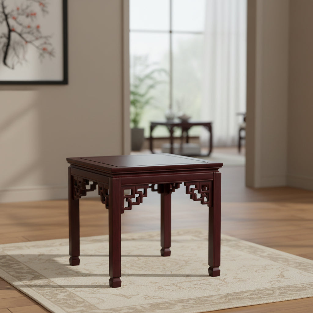 Mesa auxiliar cuadrada estilo Ming en madera oscura