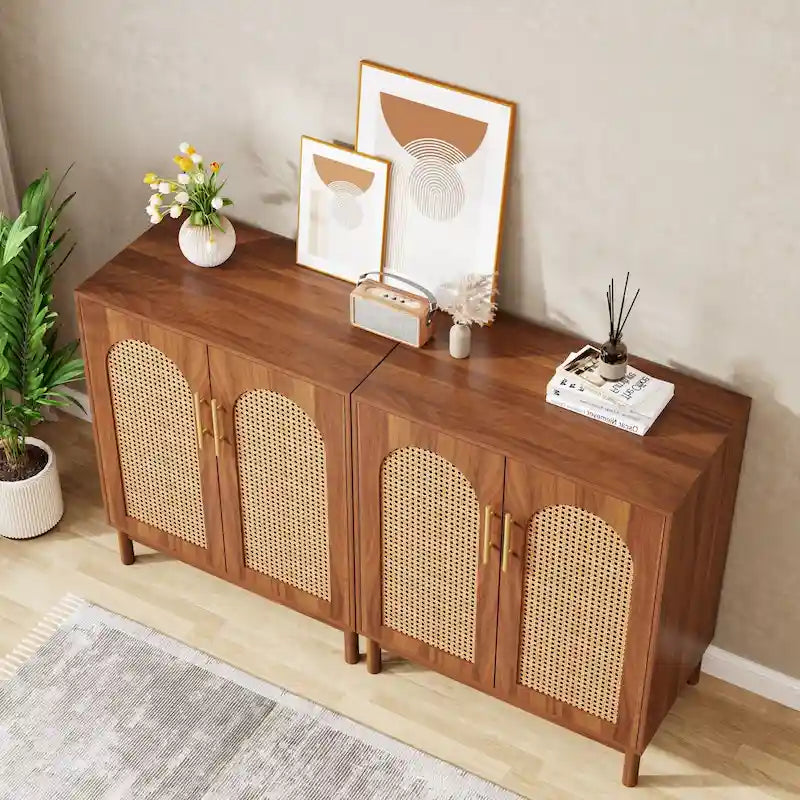 Lot de 2 buffets en rotin, buffet de 150 cm avec portes, meuble d'appoint