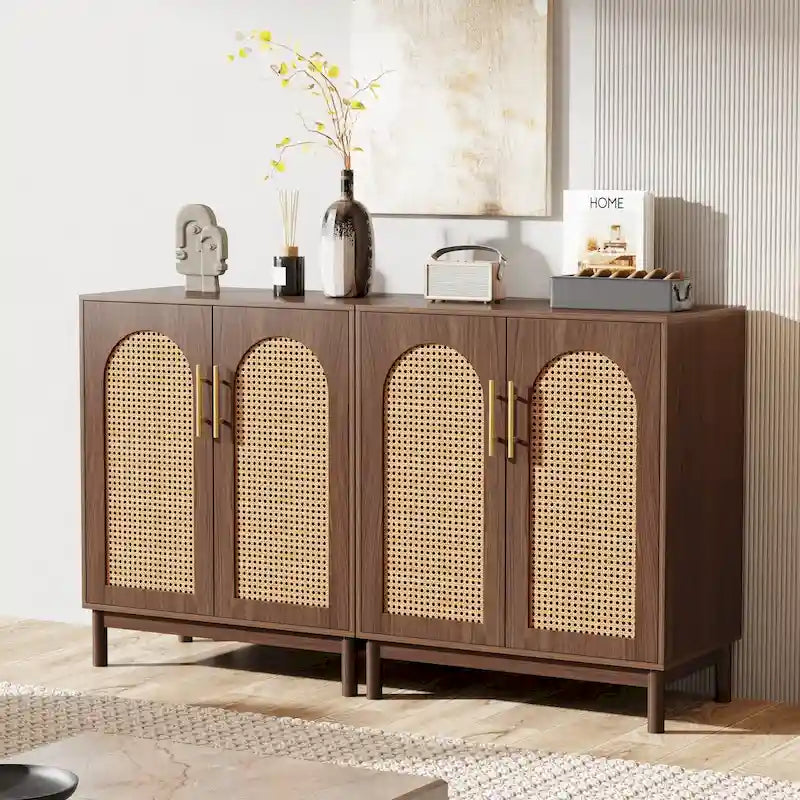 Lot de 2 buffets en rotin, buffet de 150 cm avec portes, meuble d'appoint