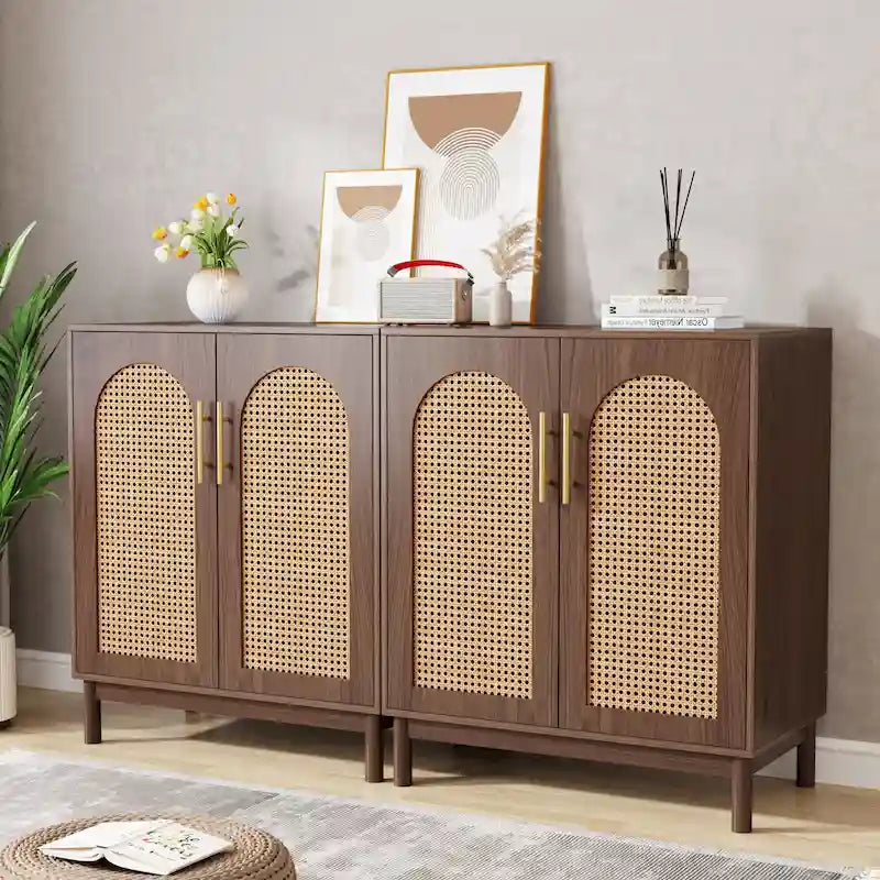 Lot de 2 buffets en rotin, buffet de 150 cm avec portes, meuble d'appoint